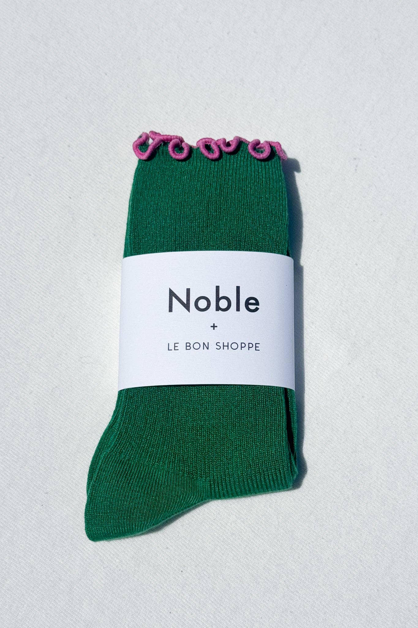 Noble x Le Bon Shoppe | Ruffled Modal Socks | Spinach / Pink Edge