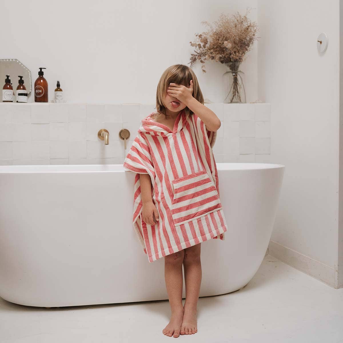 Rose in April | Suzon Stripe Kids Poncho | Strawberry