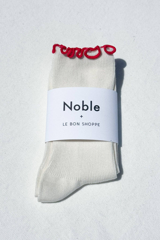 Noble x Le Bon Shoppe | Ruffled Modal Socks | Cream / Red Edge
