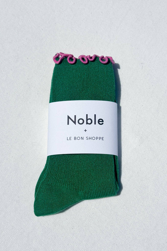 Noble x Le Bon Shoppe | Ruffled Modal Socks | Spinach / Pink Edge