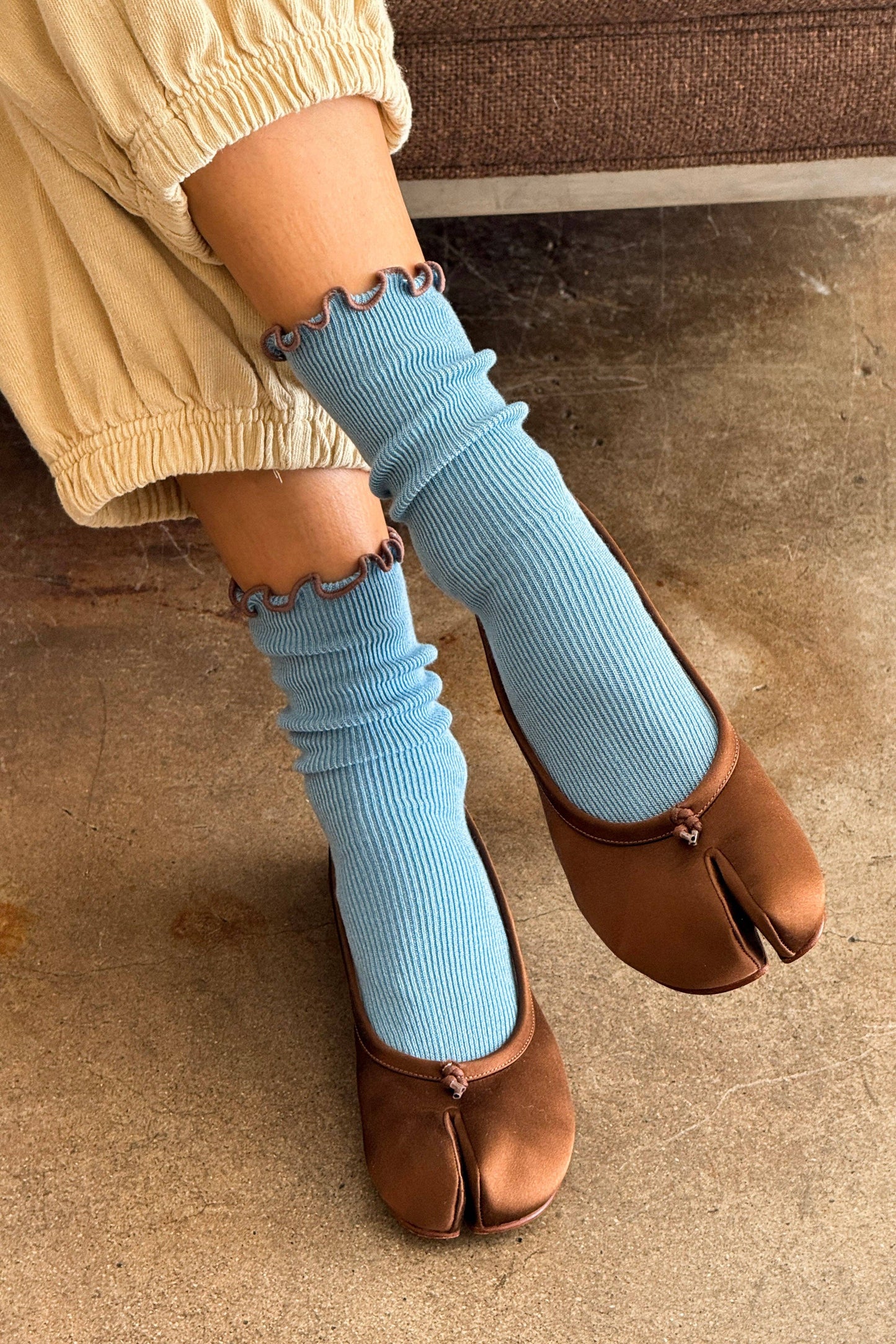 Noble x Le Bon Shoppe | Ruffled Modal Socks | Powder Blue / Brown Edge
