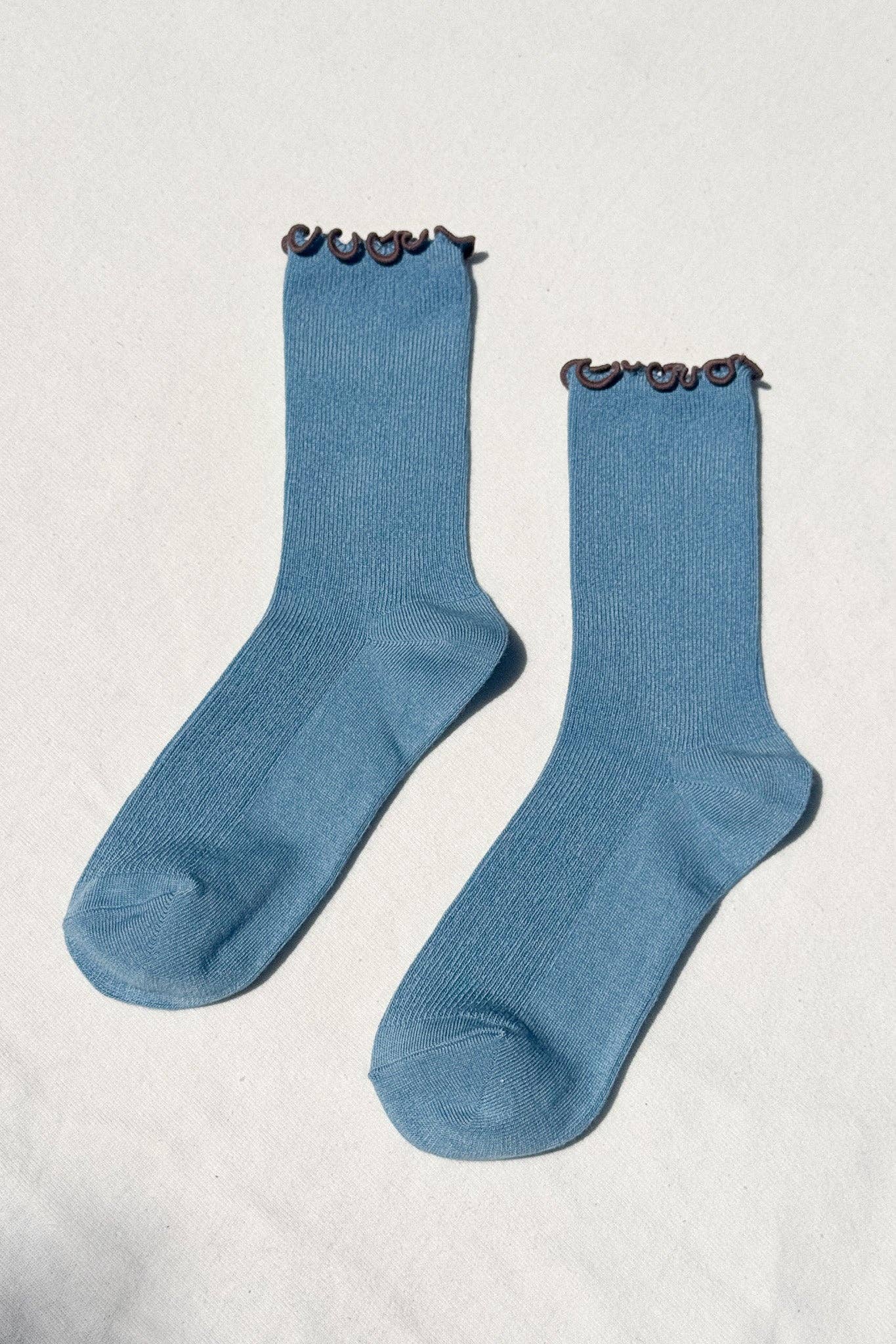Noble x Le Bon Shoppe | Ruffled Modal Socks | Powder Blue / Brown Edge