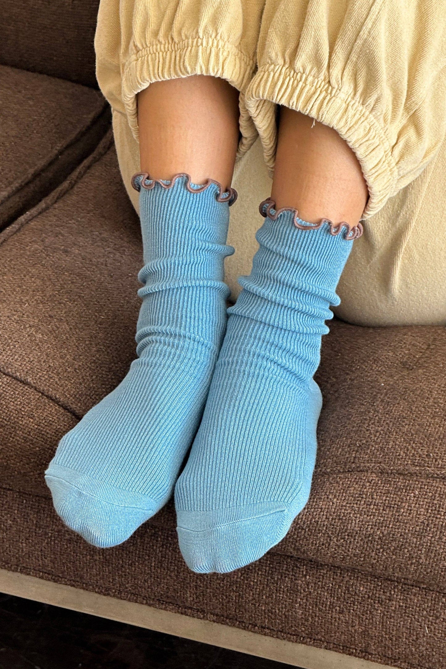 Noble x Le Bon Shoppe | Ruffled Modal Socks | Powder Blue / Brown Edge