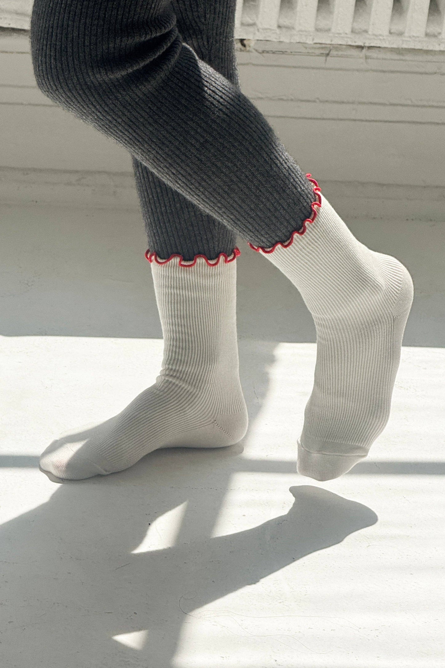 Noble x Le Bon Shoppe | Ruffled Modal Socks | Cream / Red Edge
