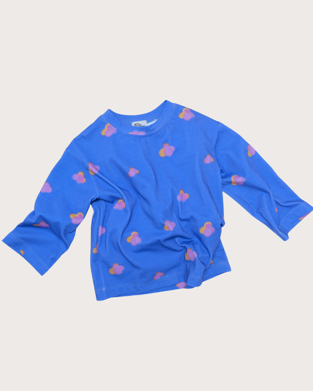 Yuki kids monobloom print long sleeve top in cobalt blue organic cotton, flat lay front, Studio Koter